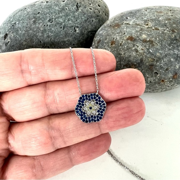 FLOWER Dainty 925 Sterling Silver Blue Clear Rhinestone Adjustable Necklace - Picture 3 of 9